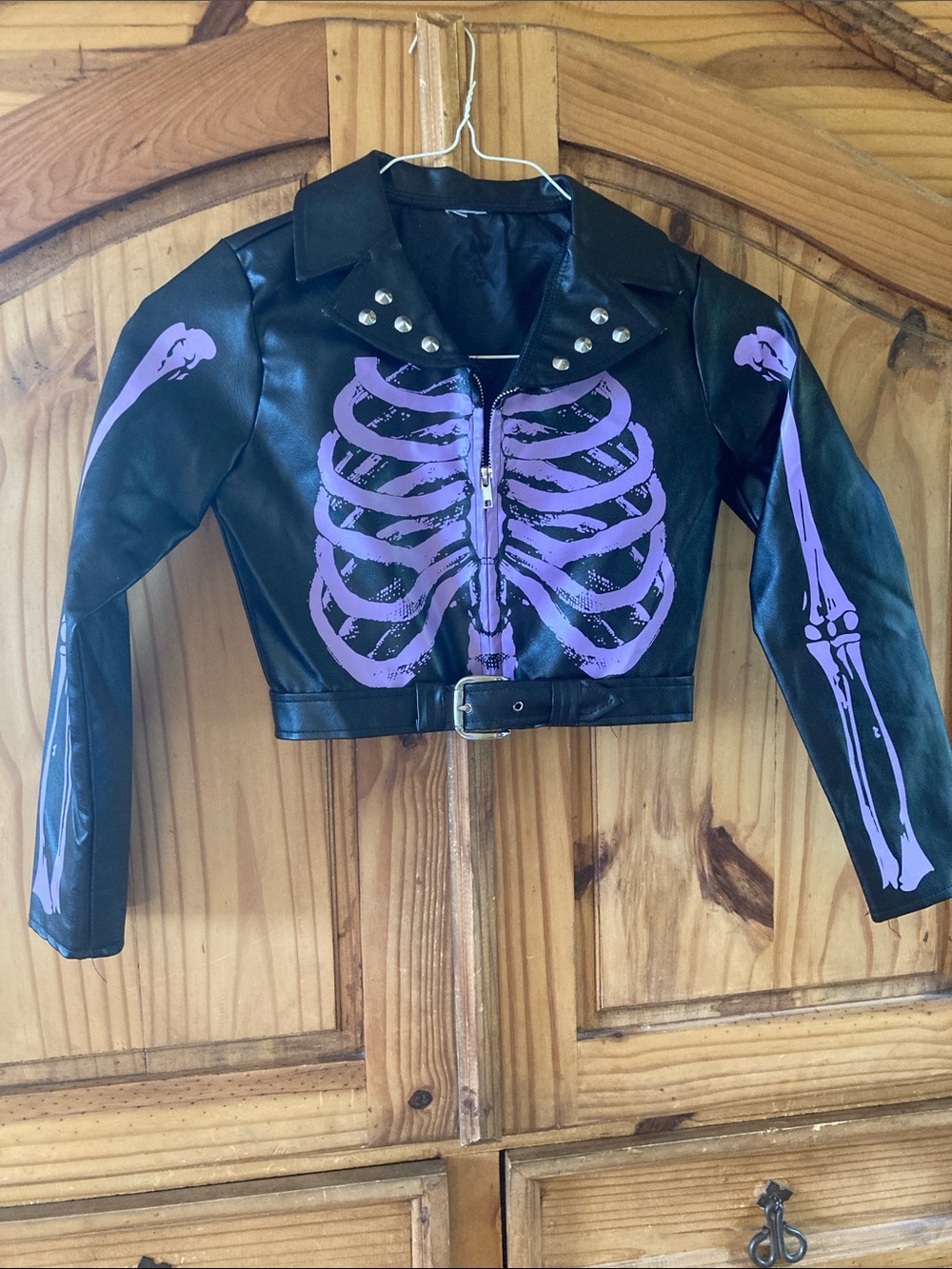 Girls black purple skeleton faux leather jacket coat size 10/12